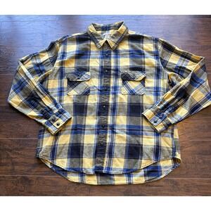 Arizona Jean Co Mens XXL Plaid Flannel Shirt Yellow Blue Button Up Cotton Casual